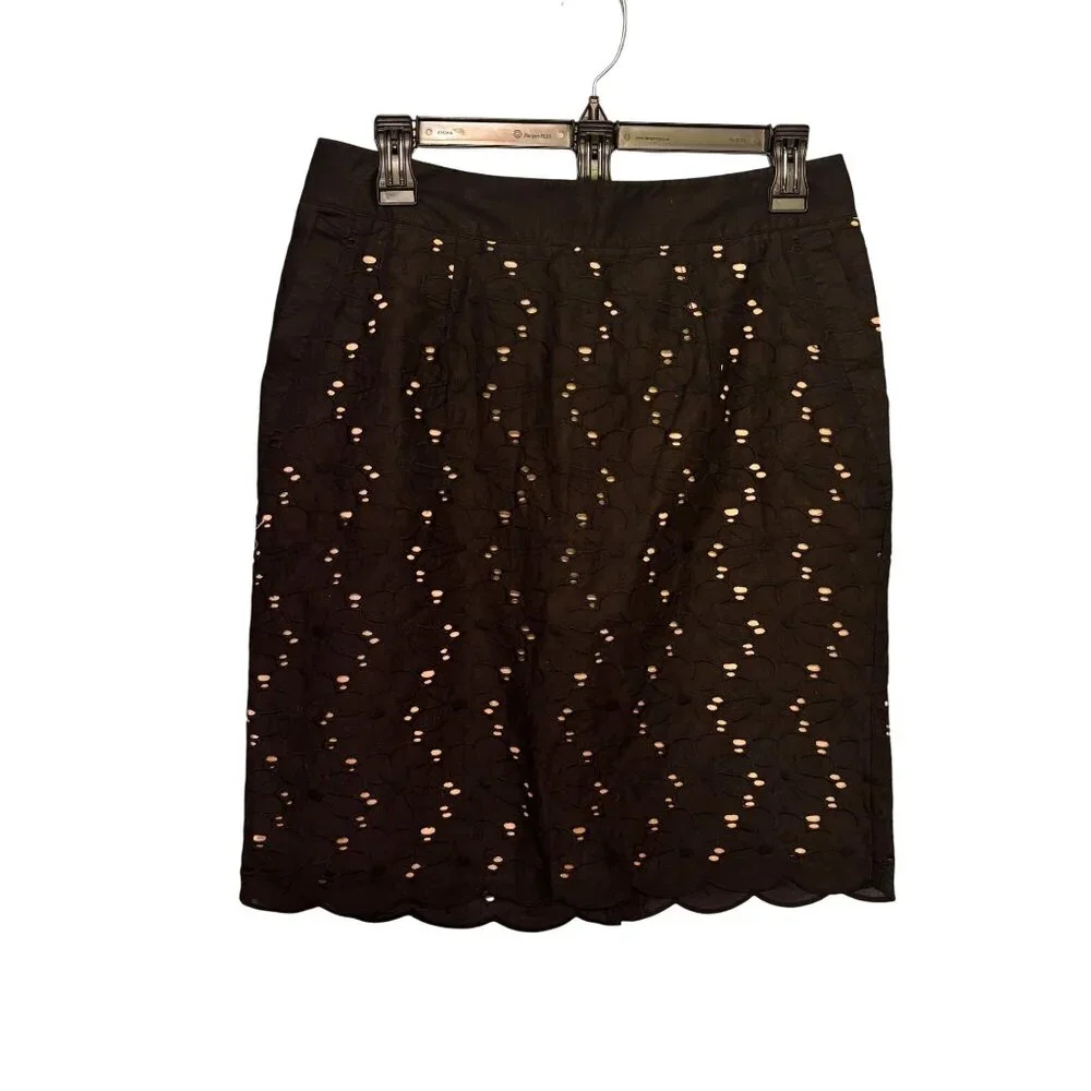 Laundry By Shelli Segal Black Eyelet Pencil Skirt‎ Scallop Hem Size 4 Cotton